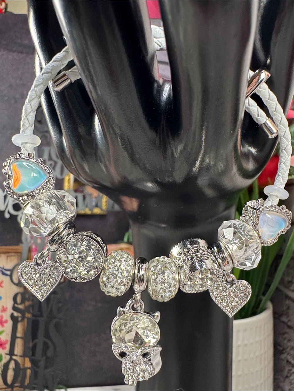 Silver Tone Crystal Heart & Skull Charm Bracelet in White